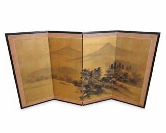 Japanese Four-Panel Byobu Folding Screen with Landscape Scene
