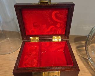 Vintage Chinese Rosewood Jewelry Box with Shou Symbol and Brass Hardware