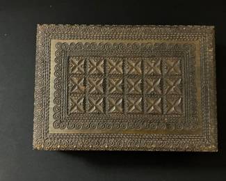 Vintage Hand-Carved Wooden Jewelry Box with Geometric and Floral Motifs