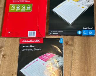 Assorted Self-Seal Laminating Sheets: Scotch Single-Sided (1 pack) and Swingline GBC Letter Size (2 packs: 50-count and 10-count)