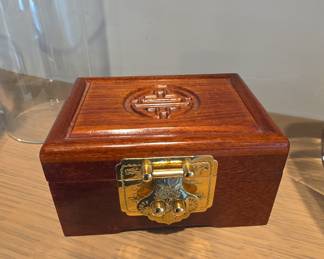 Vintage Chinese Rosewood Jewelry Box with Shou Symbol and Brass Hardware