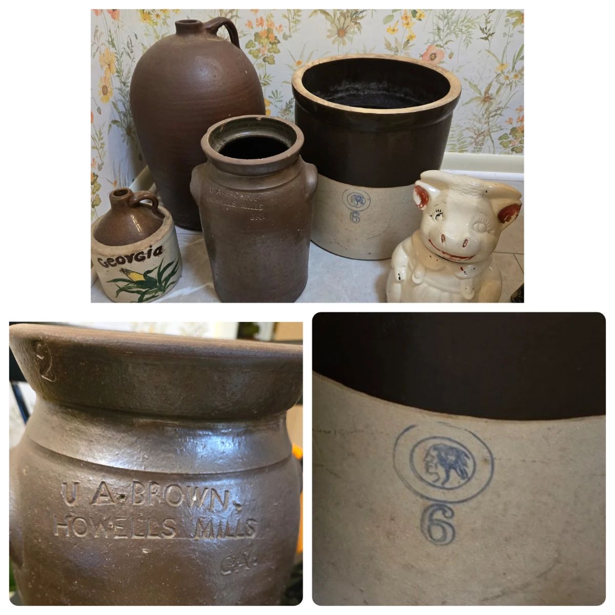 UA Brown Howells Mill #2 Churn, #6 Crock, 5 gallon jug, cookie jar
