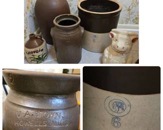 UA Brown Howells Mill #2 Churn, #6 Crock, 5 gallon jug, cookie jar
