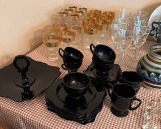 Antique black amethyst glass dessert set