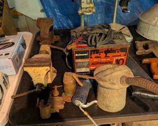 Vices, Drill Guides, 10 Volt Battery Charger and Oil Cans