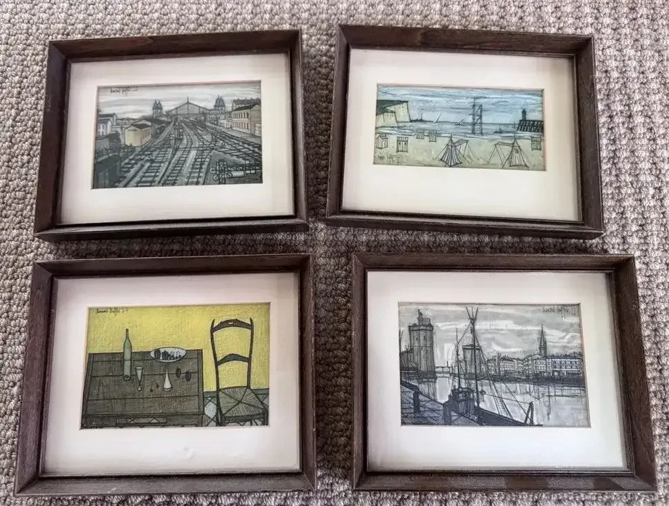 Set of 4 Framed Mid-Century Bernard Buffet Style Art Prints – 8" x 6.5"