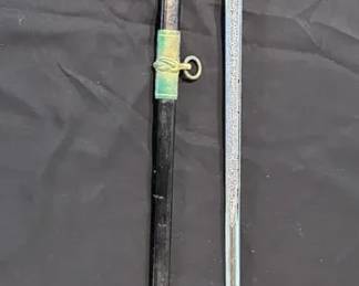 Vintage Ceremonial Sword with Leather Scabbard, Etched Blade and Decorative Hilt