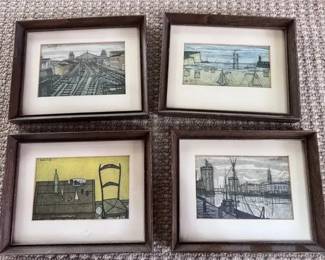 Set of 4 Framed Mid-Century Bernard Buffet Style Art Prints – 8" x 6.5"
