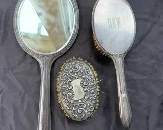 Vintage Vanity Set with Sterling Handled Brush .18kg. Mirror and Comb Included.