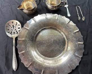 Sterling Silver Serving Pieces, Bowl, Plate, Ladle, Tongs, .79 kg Total Weight