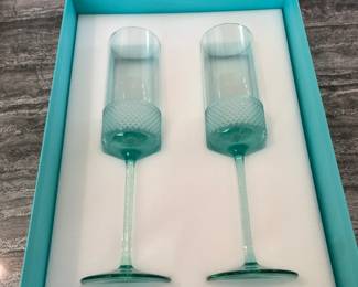 Tiffany and Company Blue and Clear Champagne Flutes