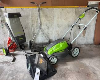 04 Greenworks Lawn mower, LawnMaster Wood Chipper.