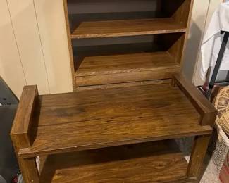 Midcentury Dark Wood Veneer Roller Cart Shelving Unit