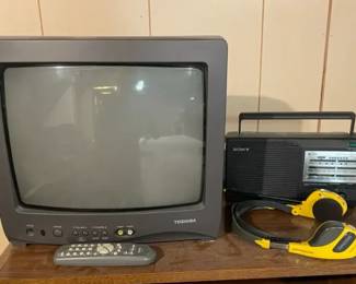 Small Toshiba Box TV, Koss Radio Headphones, Sony Transistor Radio
