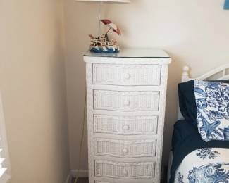6-drawer wicker tall dresser; table lamp
