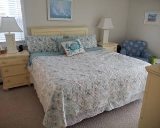 Queen bedroom suite: queen bed; nightstands; table lamps; tall dresser; long dresser with mirror