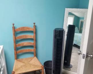 Ladderback chair; tower fan; whale tail coat rack