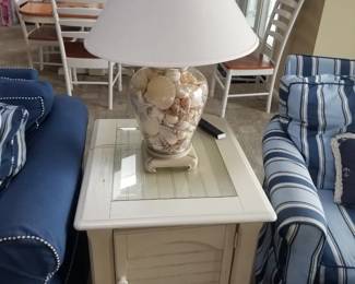 Coastal chic end table; shell-filled table lamp