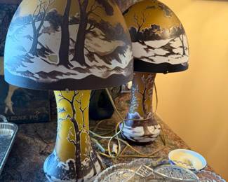 Handblown and painted newer art glass lamps