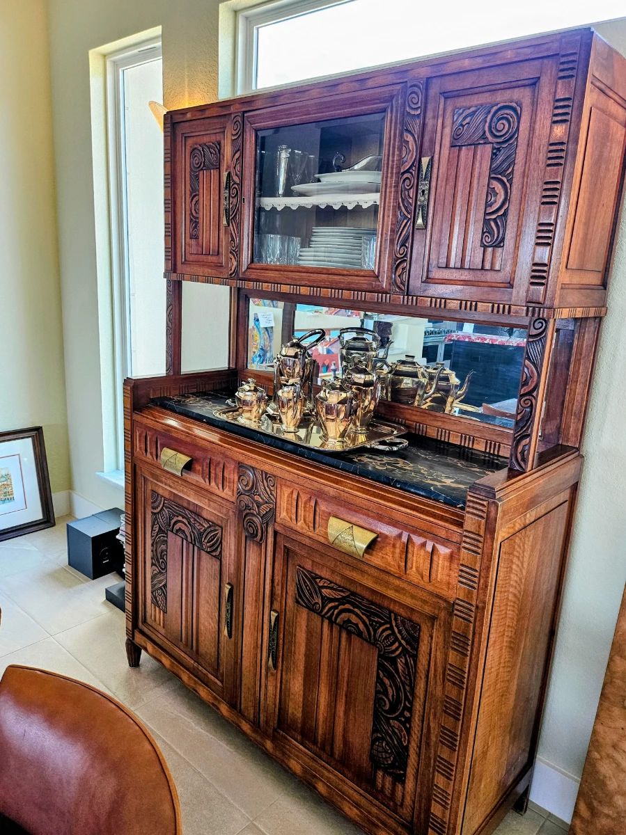 Art Deco China Cabinet, Marble topped, goes with the Dining Table and Chairs (2 leaves).