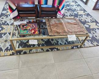 Glass and Metal Coffee Table with Huichol Yarn Art and Italian Tapestry