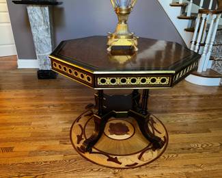 Antique Octagon French Entry table, Burl black and gold $1,500