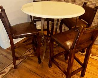 Terrazzo top round bar table, Leather Bar stools