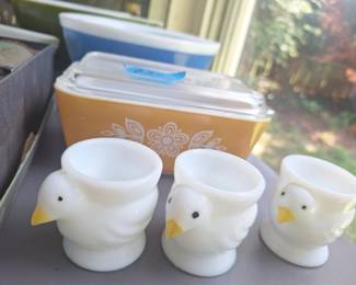 3 hb egg cups, pyrex