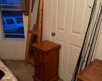 Rustic pine end table, blanket rack, fishing poles