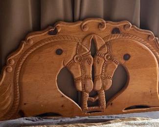 Rustic Pine Carved Queen Equestrian Headboard with frame