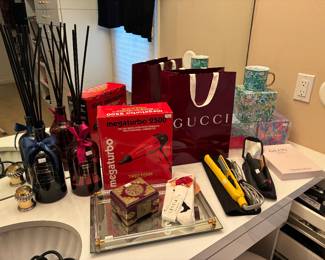 Hair Dryer, Hair Tools, Mirrored Tray, Designer Bags