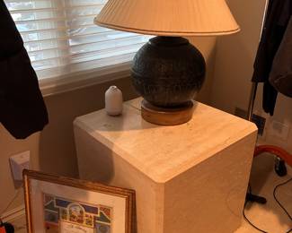 Stone Side Table, Framed Art, Table Lamps