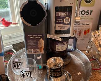 Plastic MI Wine Glasses, Silver Tray, Ninja Creamy