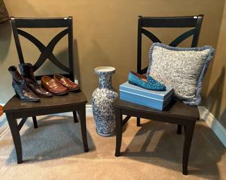 Wooden Chairs, Women's Shoes, Blue & White Vase, Decorative Pillows