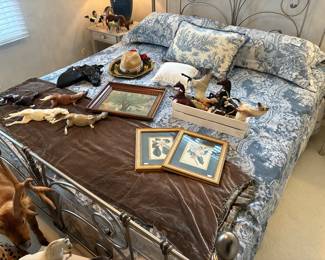 Horse Figurines, Framed Art, D Porthault Luxury Bedding Set of 2 Pillows, Blanket & Bed Skirt