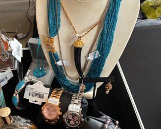 Sterling Turquoise Link Bracelet, Watches, Mushroom Earrings, Necklaces