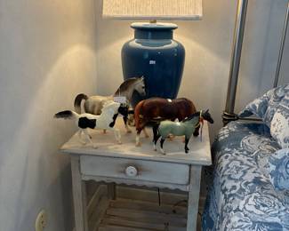 White Nightstand, Horse Figurines, Table Lamp