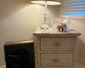 Wicker Nightstand, Waterford Biscuit Barrel, Mackenzie Childs Rose Bowl