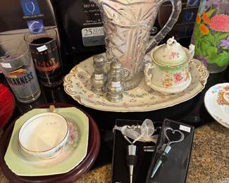 Crystal Pitcher, Serving Plate, Wine Stoppers