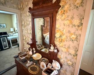 Victorian Renaissance Revival walnut marble-top dresser and mirror