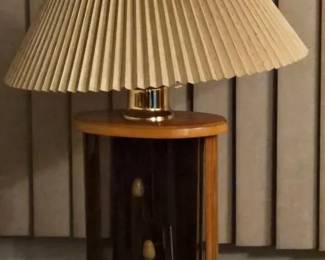 004 MCM Mid Century Don Ward Etched Amber Glass, Panel Wood  Brass Table Lamp