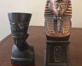 Vintage EgyptianThemed Busts  Queen Nefertiti  King Tutankhamun  BronzeFinish Metal