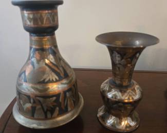 Set of Vintage Brass Egyptian Ware TriColor Vases 