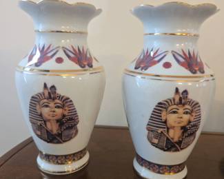 006 Pair of Sheeni Egyptian Fine Porcelain Vases  Gold Trim