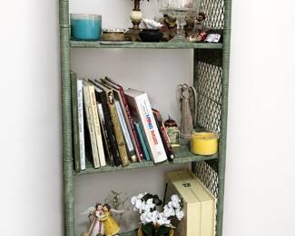 vintage arched green wicker/rattan bookcase features a distinctive rounded dome top and 4 open display shelves.