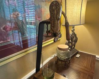 Brass Wine Bottle Opener mounted on a custom tabletop stand with a wooden base