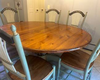 EDDY WEST HANDPAINTED KITCHEN TABLE & SIX CHAIRS ~ TABLE $1000, CHAIRS $1000 TABLE DIMENSIONS - L 54 INCHES PLUS TWO 12 IN LEAVES, W 53 IN, H 30 IN ~ CHAIR DIMENSIONS, H 42 IN, W 18 1/2 ,