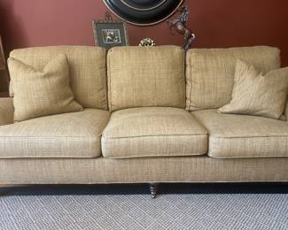 CAMEL TWEED COUCH W/ BOLLISTERS PURCHASED AT THE WELL KNOWN BOGRAD’S HOME FURNISHING STORE ~ $250 ~ L 85 , SEAT H 18 , BACK H 33 1/2, D 28