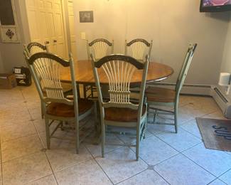 EDDY WEST HANDPAINTED KITCHEN TABLE & SIX CHAIRS ~ TABLE $1000, CHAIRS $1000 TABLE DIMENSIONS - L 54 INCHES PLUS TWO 12 IN LEAVES, W 53 IN, H 30 IN ~ CHAIR DIMENSIONS, H 42 IN, W 18 1/2 ,