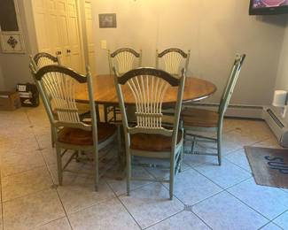 EDDY WEST HANDPAINTED KITCHEN TABLE & SIX CHAIRS ~ TABLE $1000, CHAIRS $1000 TABLE DIMENSIONS - L 54 INCHES PLUS TWO 12 IN LEAVES, W 53 IN, H 30 IN ~ CHAIR DIMENSIONS, H 42 IN, W 18 1/2 ,